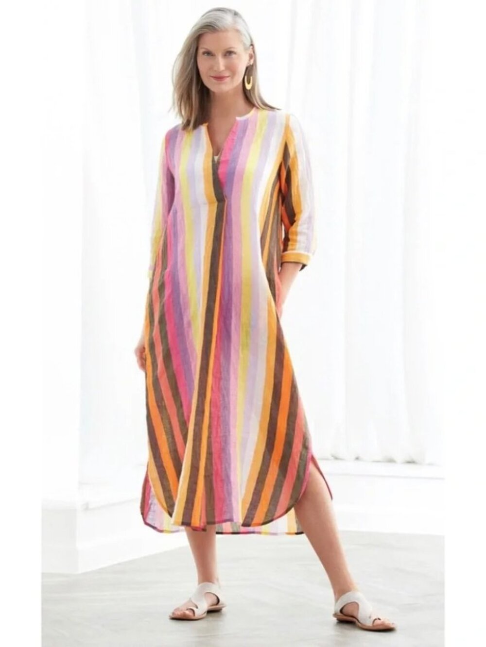 Alembika Caftan Striped Maxi Dress size 1 Linen Cotton Blend